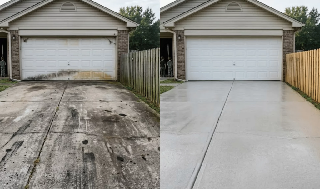 Garage driveway before and after cleaning