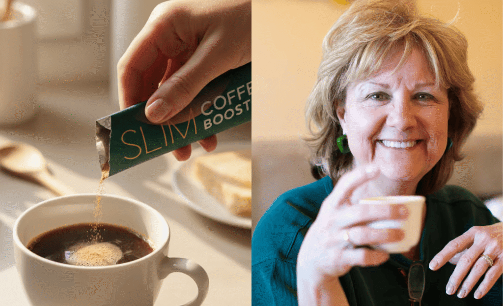 A woman pours a coffee sachet into a cup