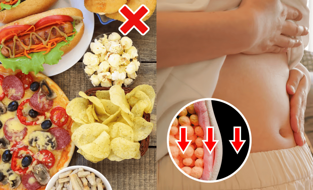 High-calorie foods beside a person holding her abdomen with downward arrows